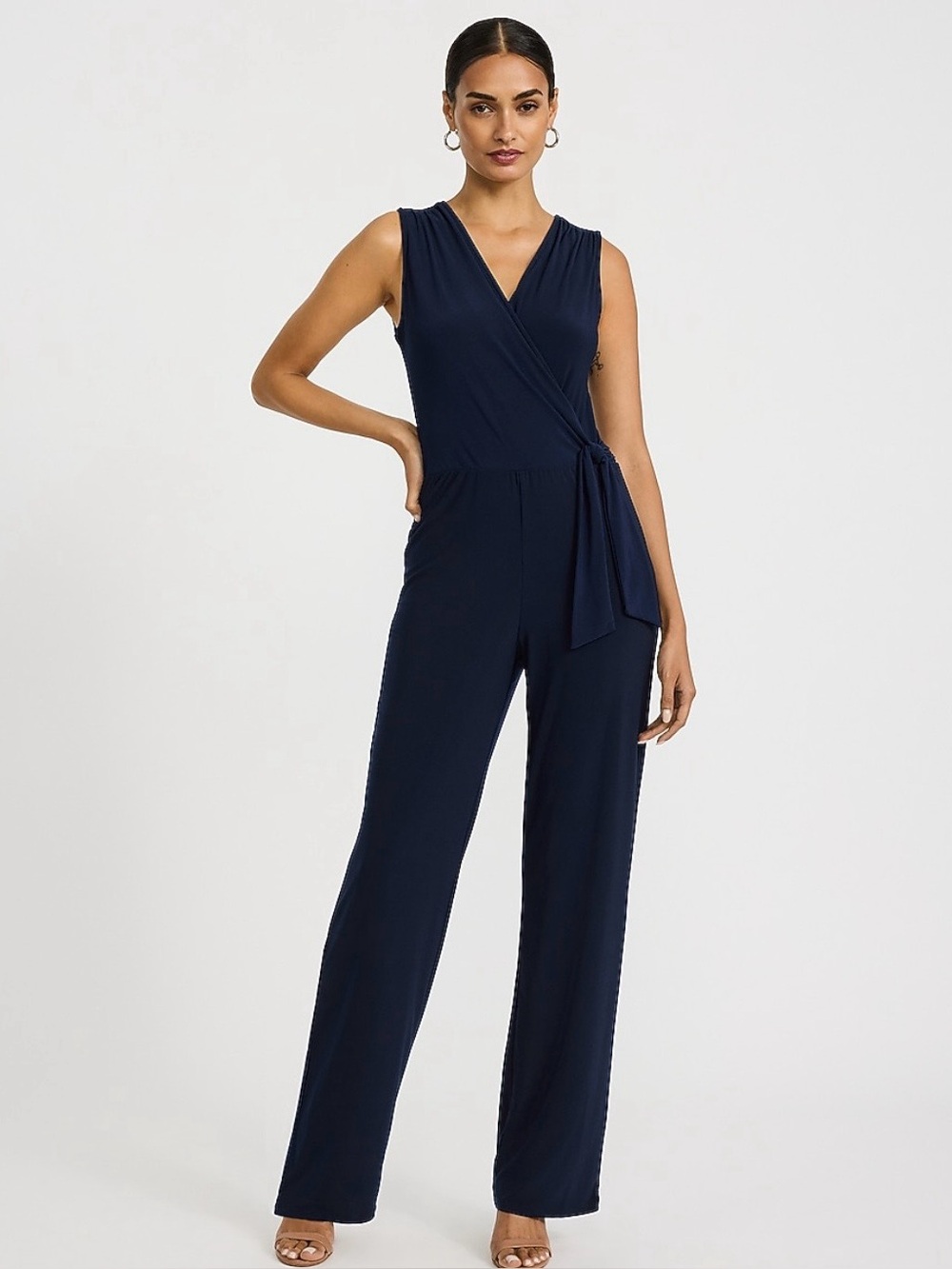 Express Women’s V-neck Wrap Tie Waist Wide Leg Jumpsuit Navy